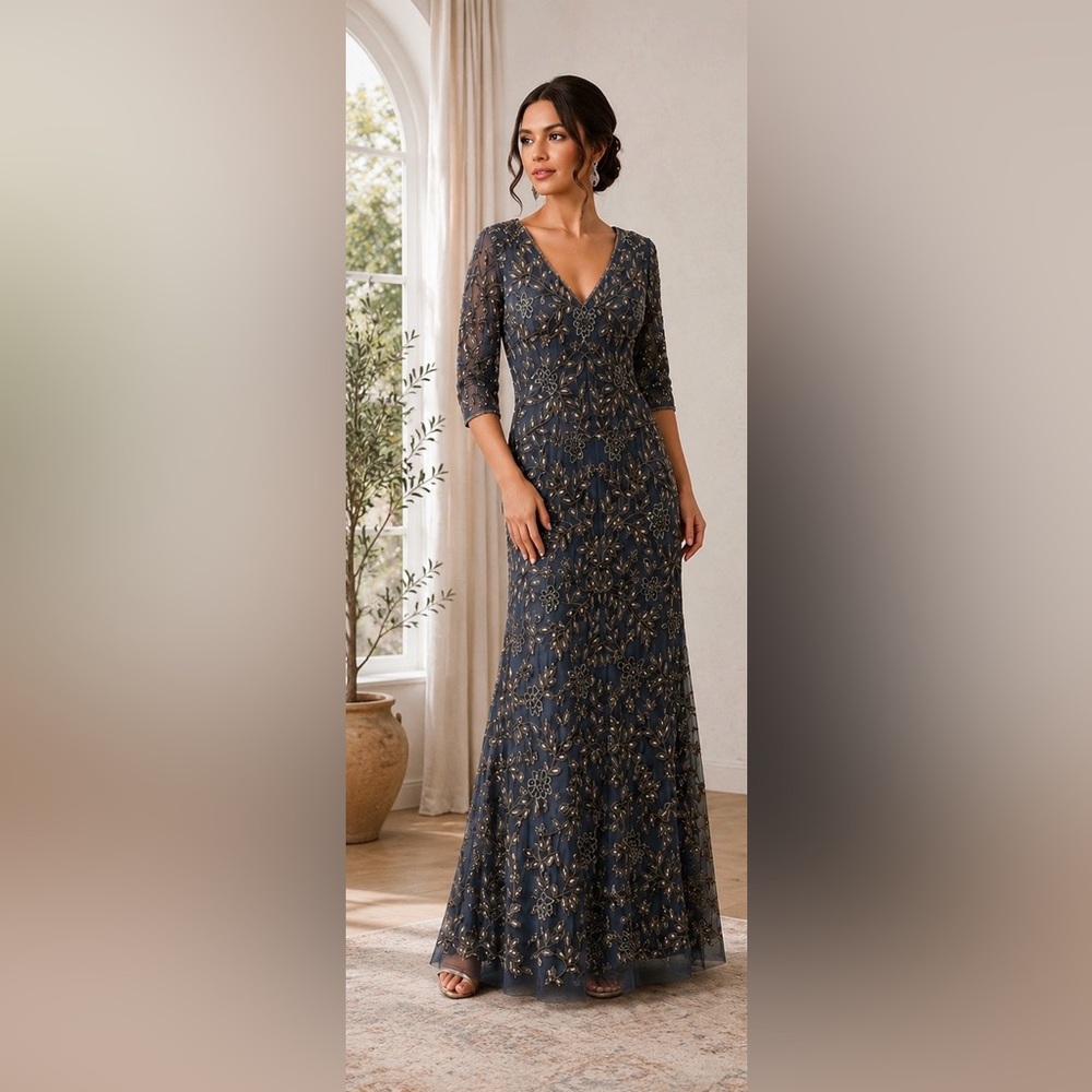 Pisarro Nights Steel Blue Beaded Floral Evening Gown Dress Women’s 4